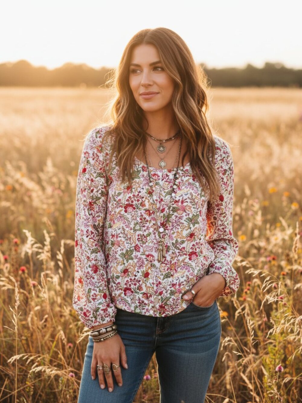 NEW Loft L Blue Floral V Back Puff Sleeve Top‎ Boho Cottage Botanical Chic